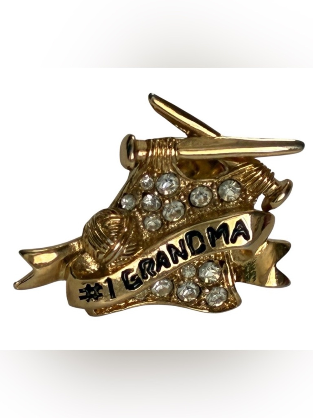 VINTAGE ‘#1 GRANDMA’ KNITTING PIN GOLD TONE RHINESTONE BROOCH